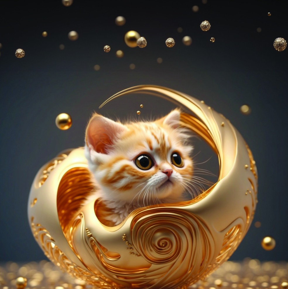 Kitten curled inside a gold spiral
