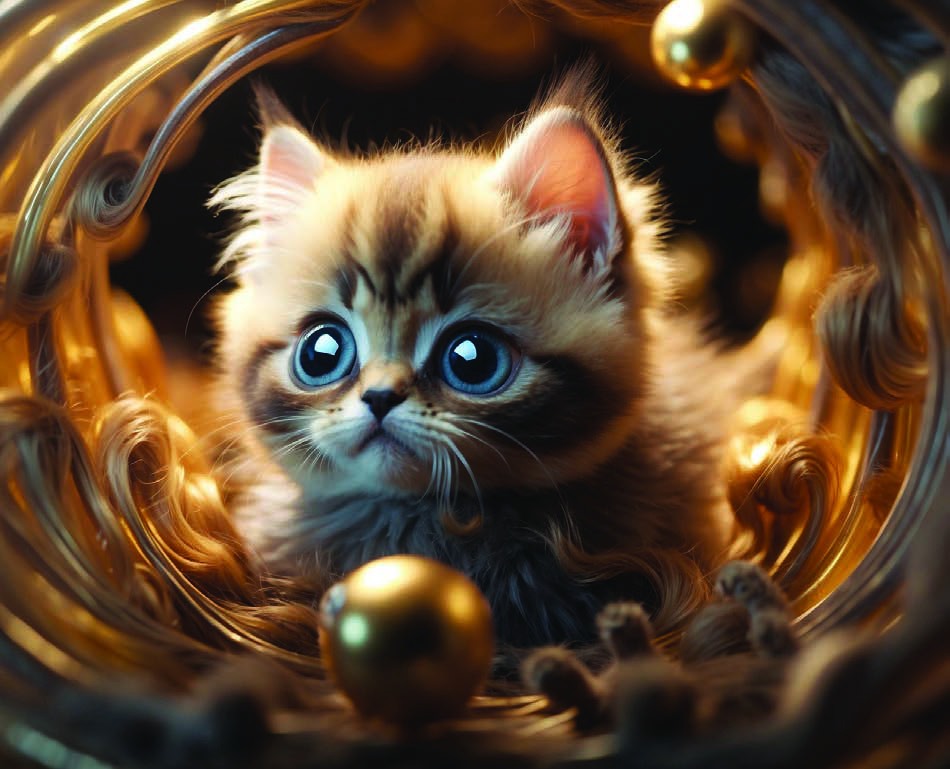 Blue-eyed kitten inside a glowing gold tunnel