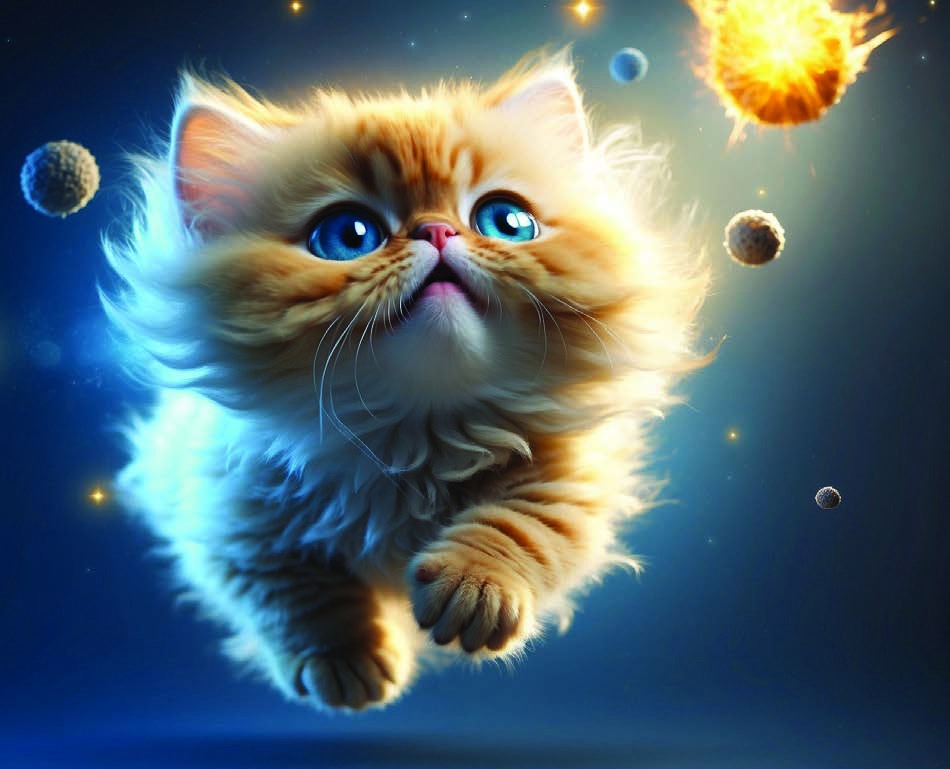 Floating kitten with planets and a small sun