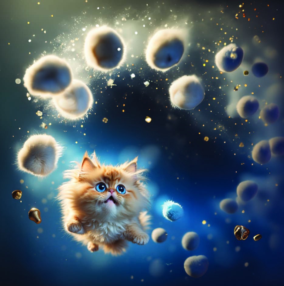 Kitten below a cloud of luminous spheres