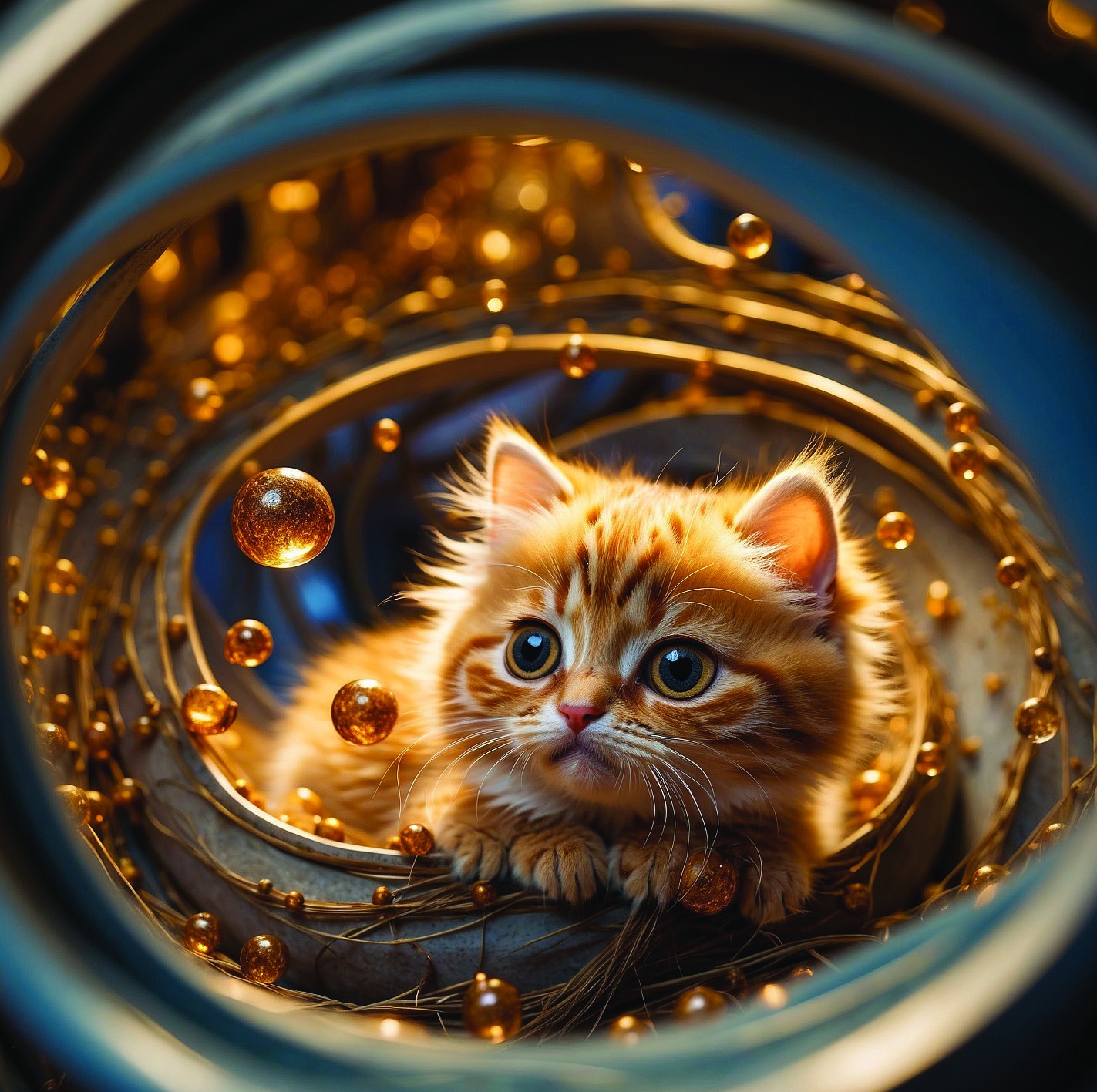 Kitten encircled by gold orbital rings