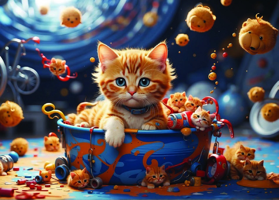 Kitten in a colorful cosmic vessel