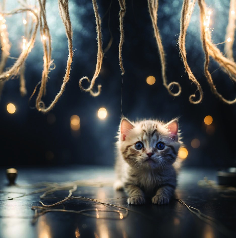 Kitten beneath hanging planetary lights