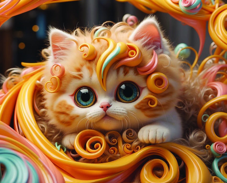 Kitten with curling multicolored hair