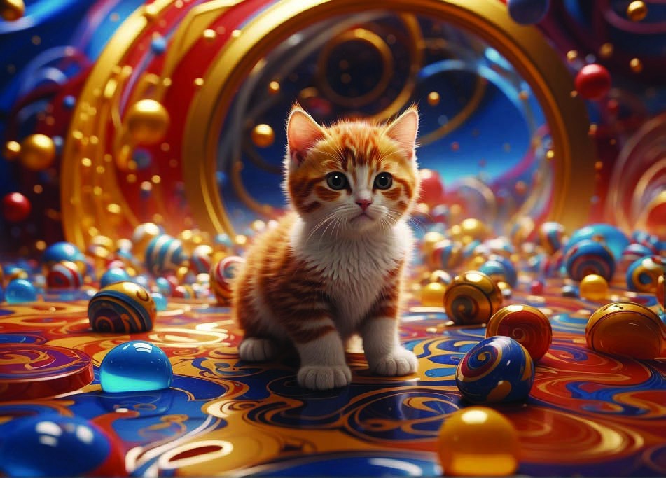 Kitten amid colored orbits and spheres
