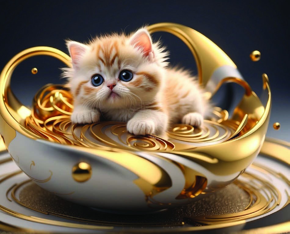 Kitten resting in a gold vessel