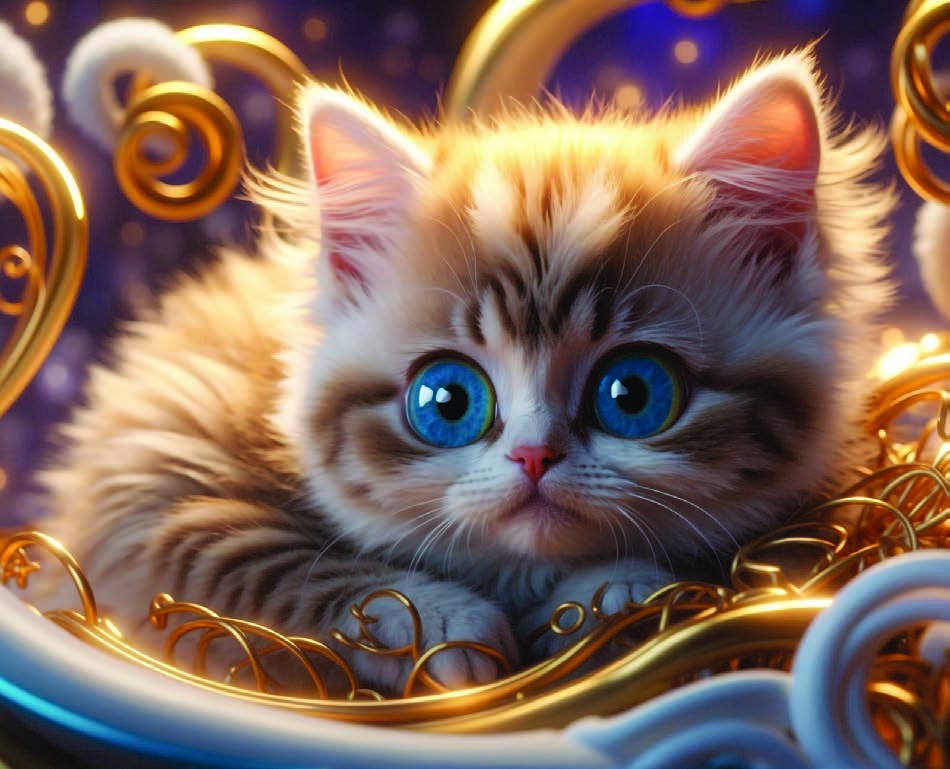 Close view of a kitten among gold curls