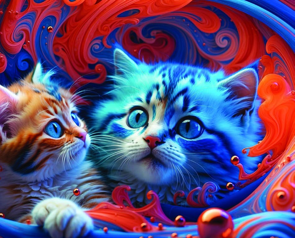 Blue kitten amid red and blue swirls