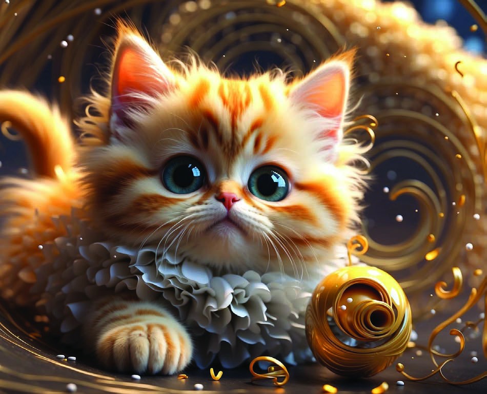 Kitten with glowing gold curls and a ruff
