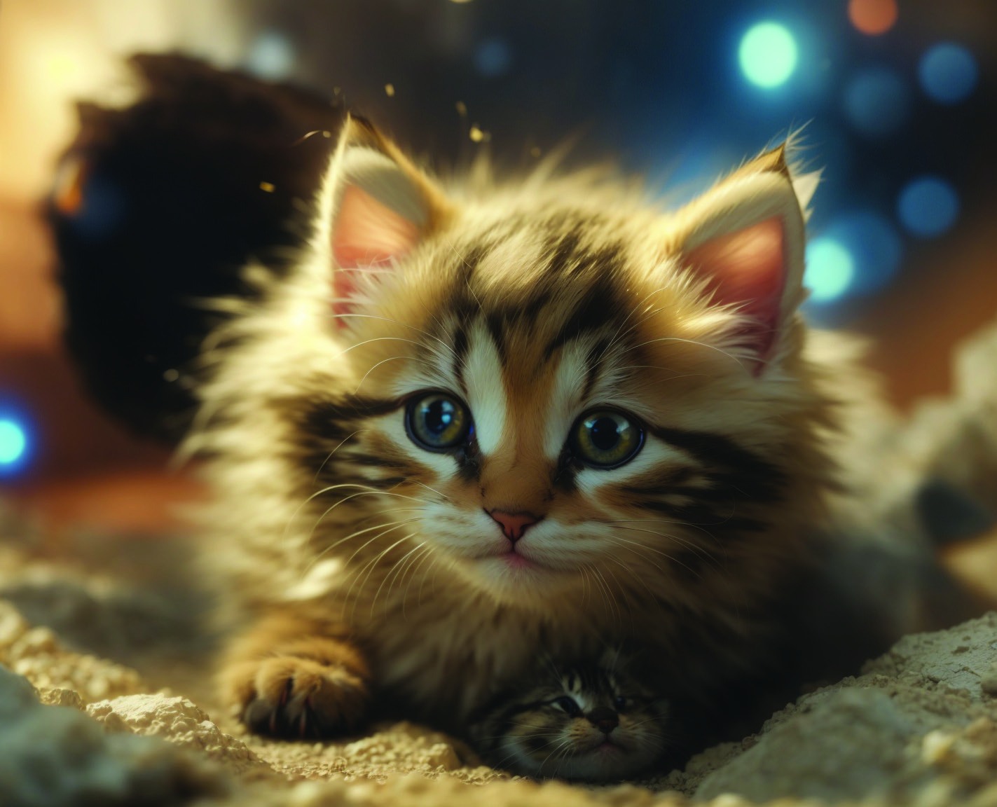 Kitten beneath soft blue and gold lights