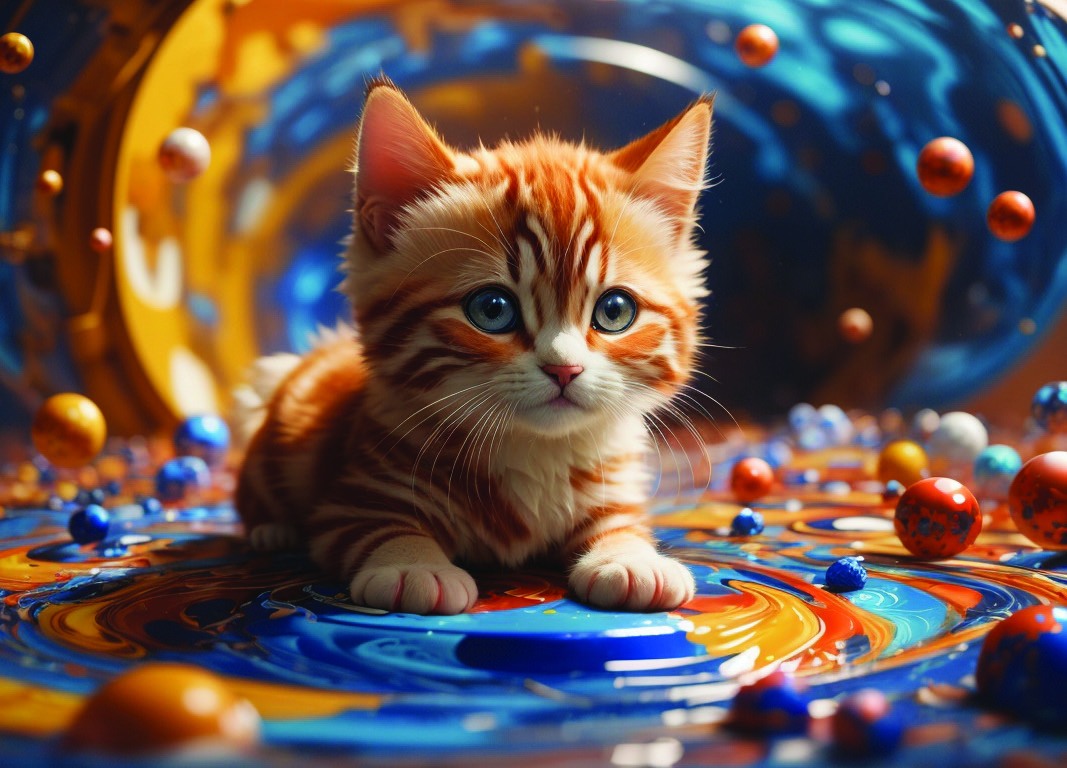 Kitten in a blue and orange orbital setting