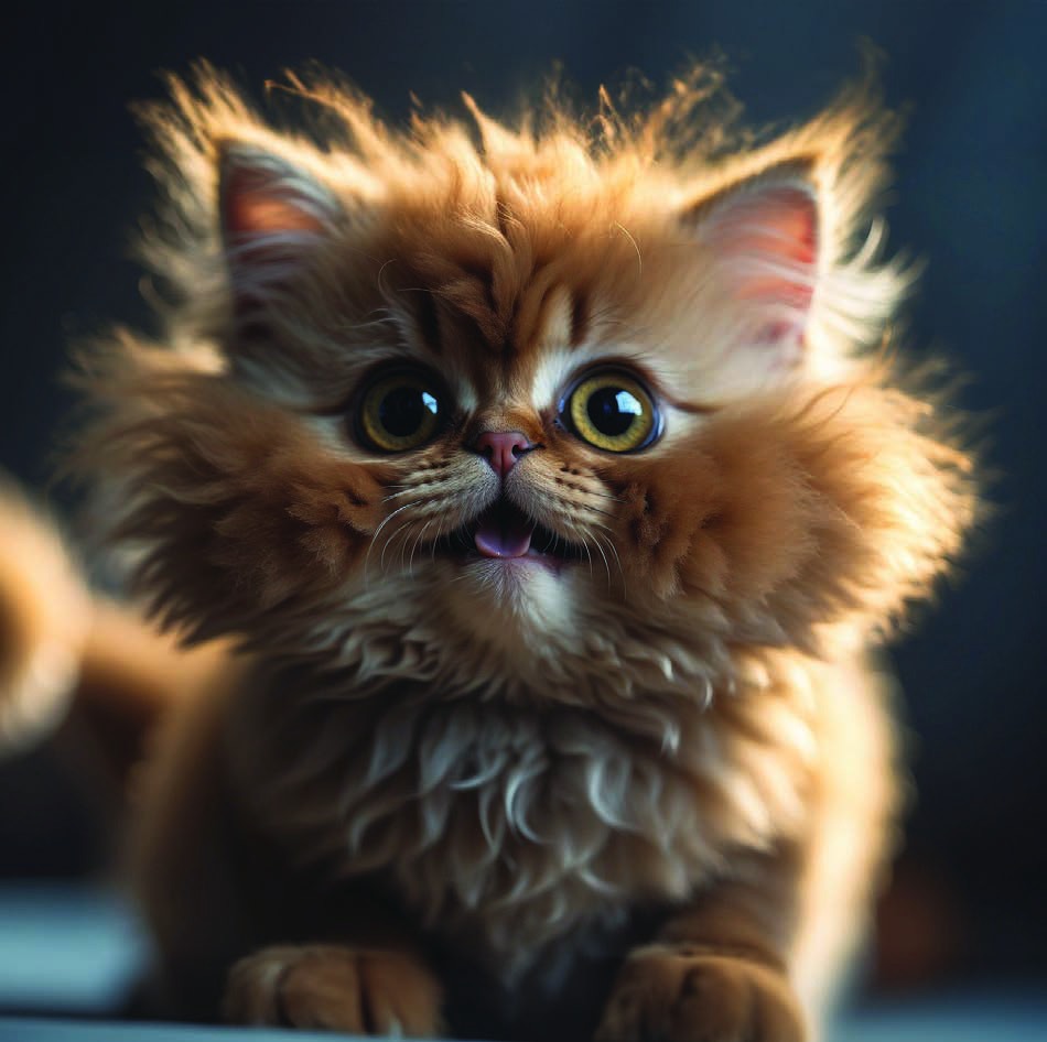 Dark fluffy kitten in soft light