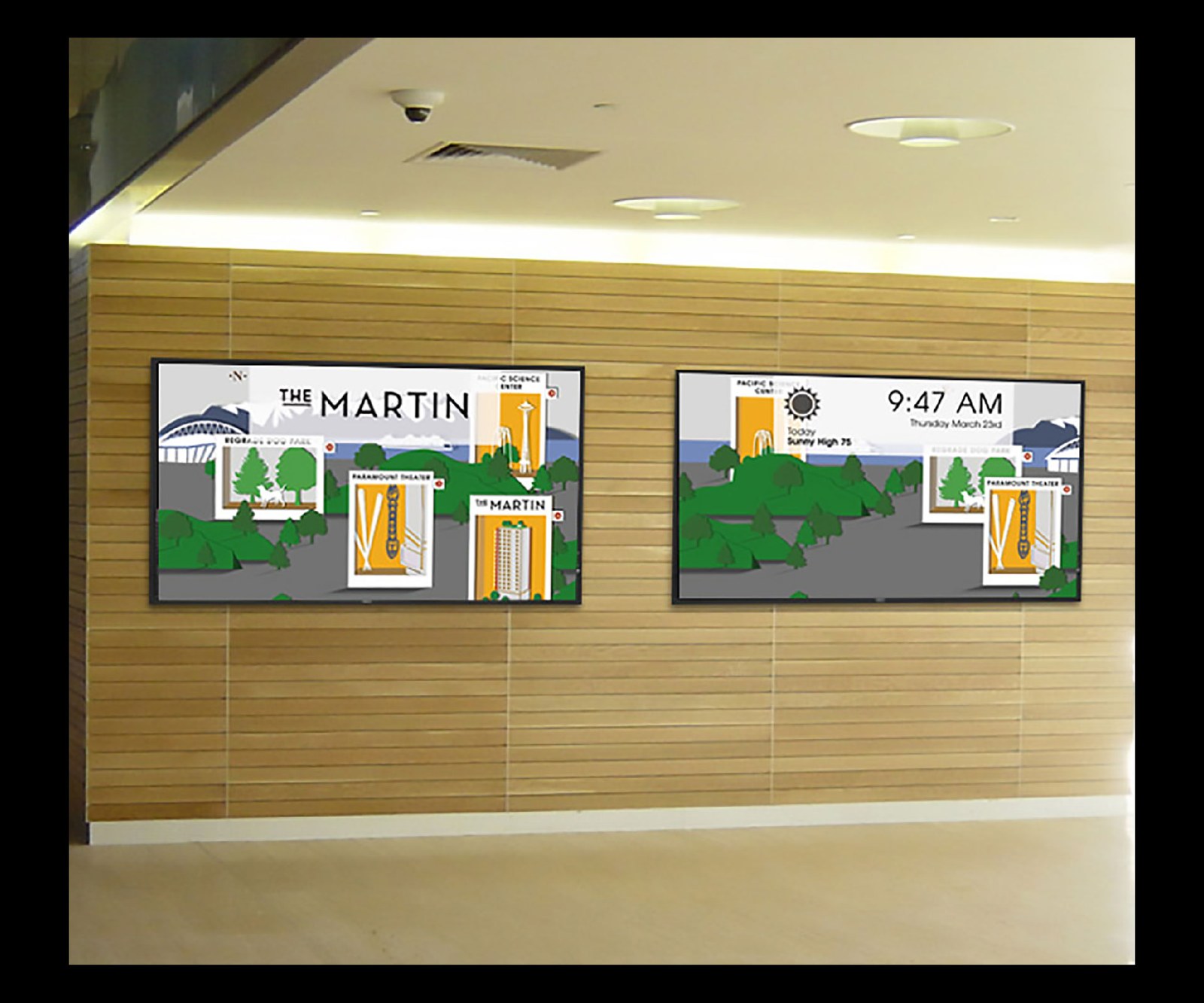 The Martin lobby screens displaying neighborhood information