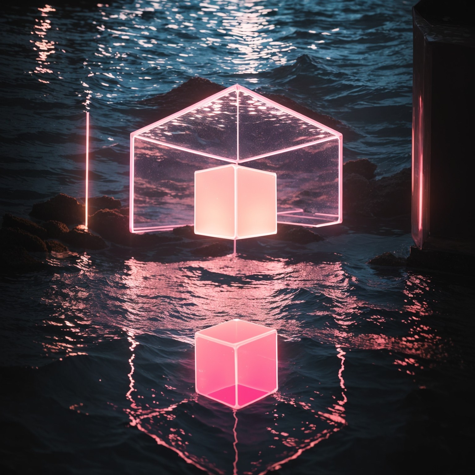 Floating cube and reflections — AI concept study
