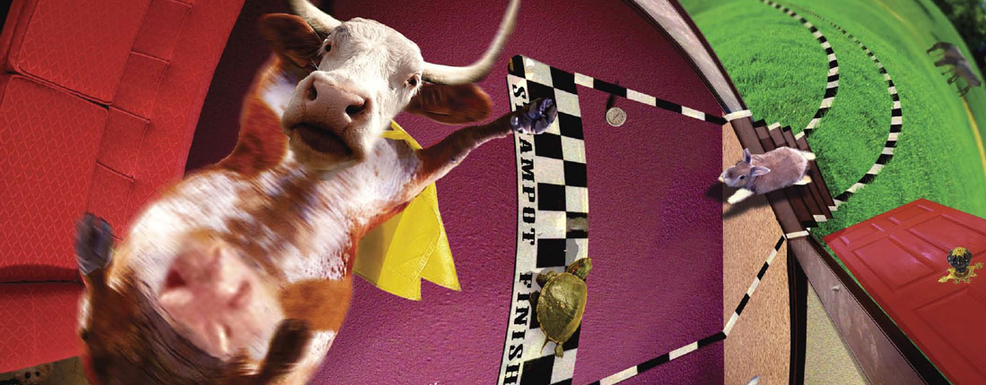 A cow at a finish line in a SteamPotVille illustration