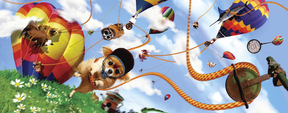 Animals suspended from colorful balloons above a green hill