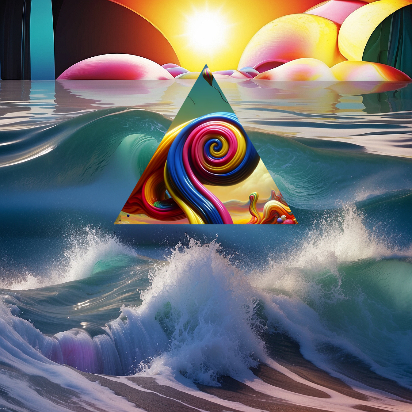 Taffy Stream artwork with ocean waves, a triangle and a spiral